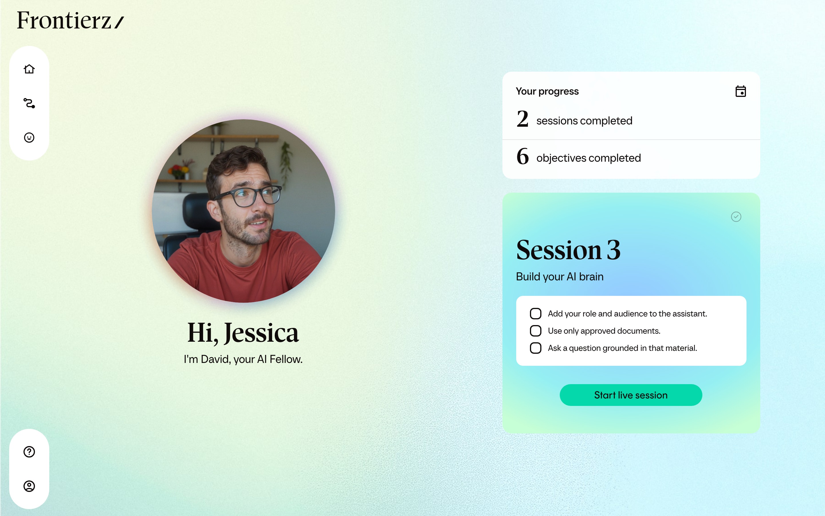 A learner's home page with their AI Fellow, current progress and the next responsible-AI session