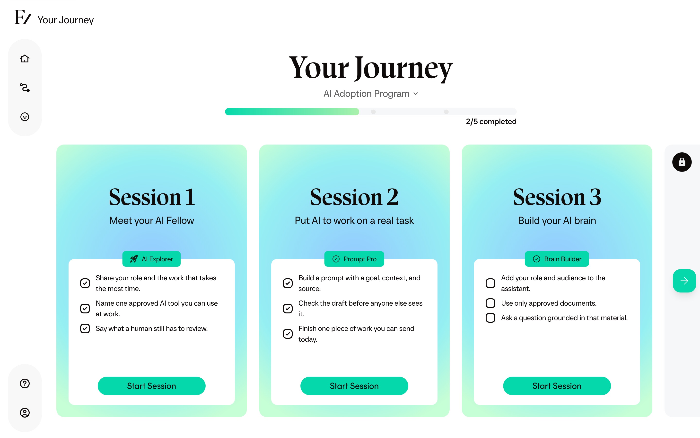 The AI Adoption Learning Path, with two sessions complete and the next unlocked on responsible everyday AI use