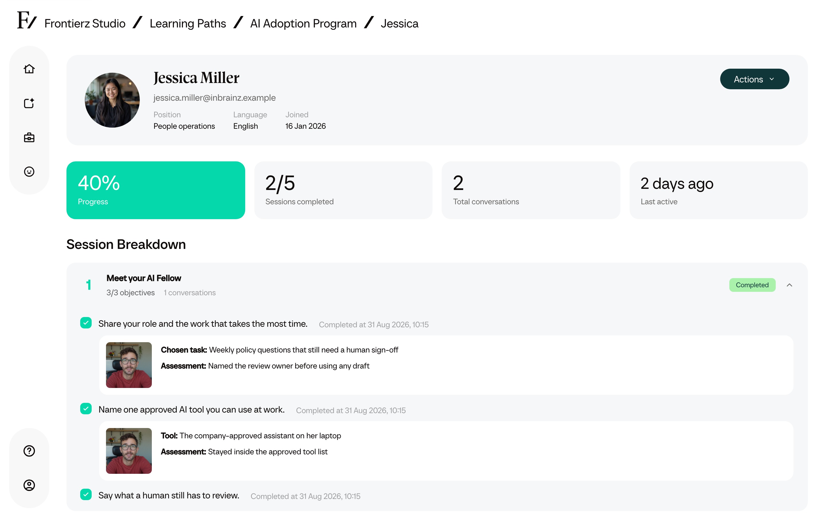 One learner's record in the AI Adoption Program: two of five sessions, with the AI Fellow's notes on human review and approved tools