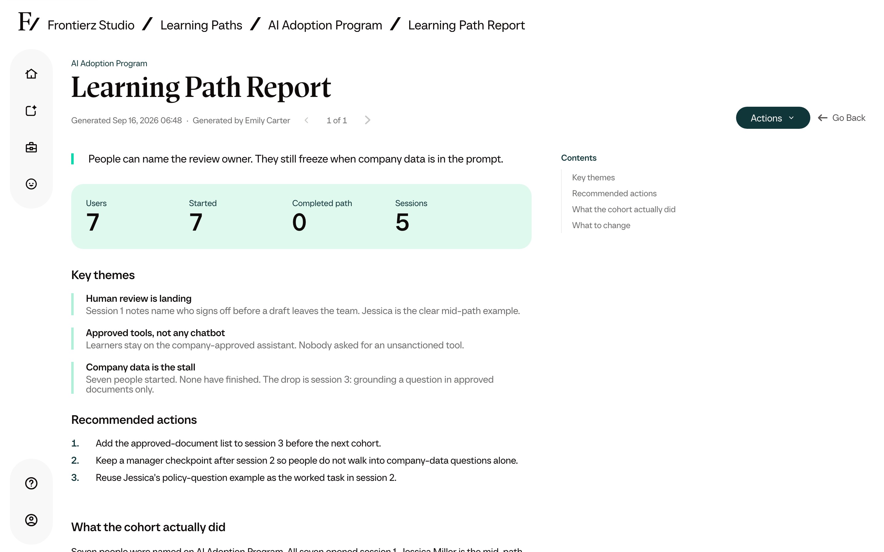 AI Adoption cohort report on human review, approved tools and company-data questions, with a print or save as PDF option