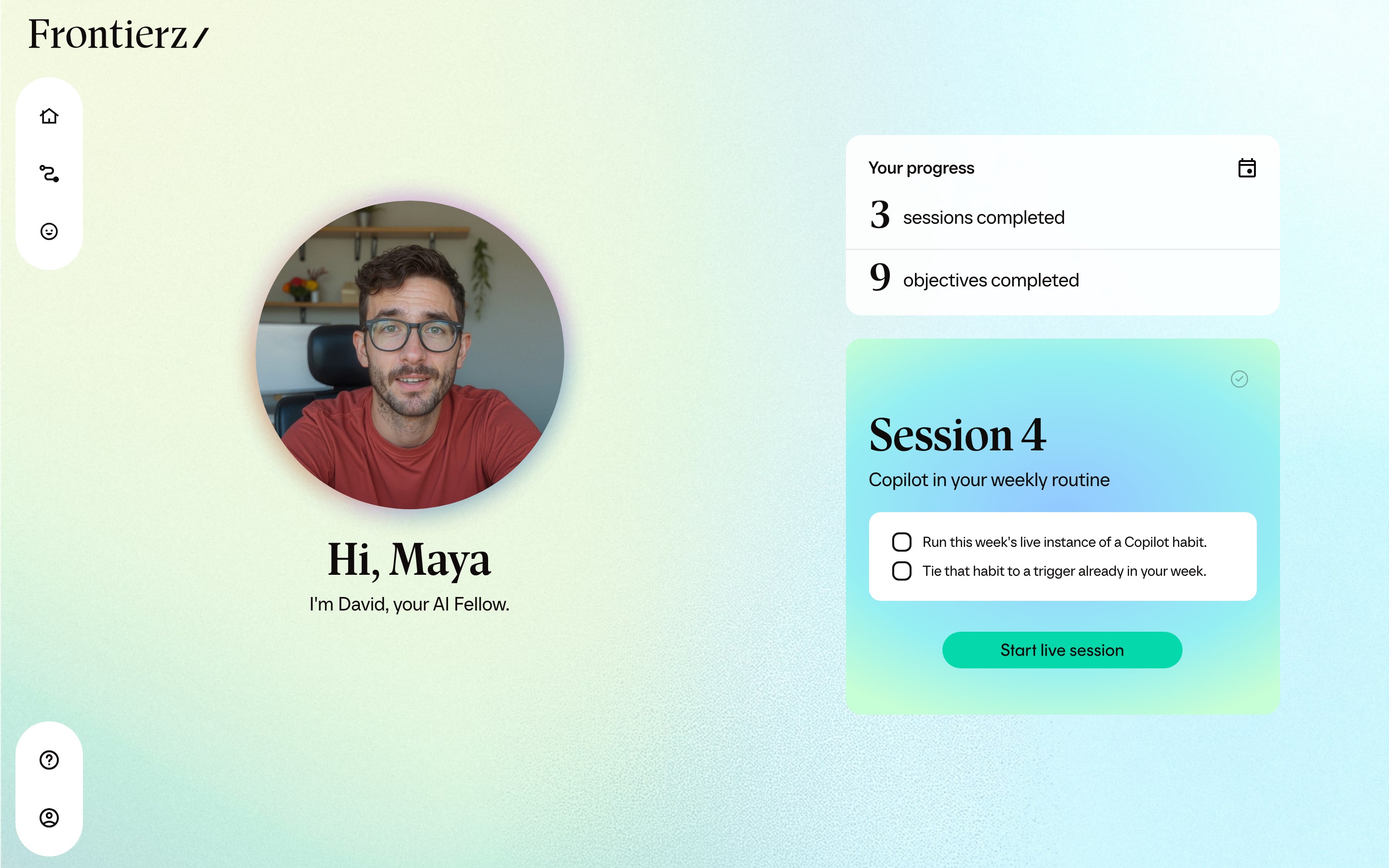 A learner's home page with their AI Fellow, current progress and the next Copilot session
