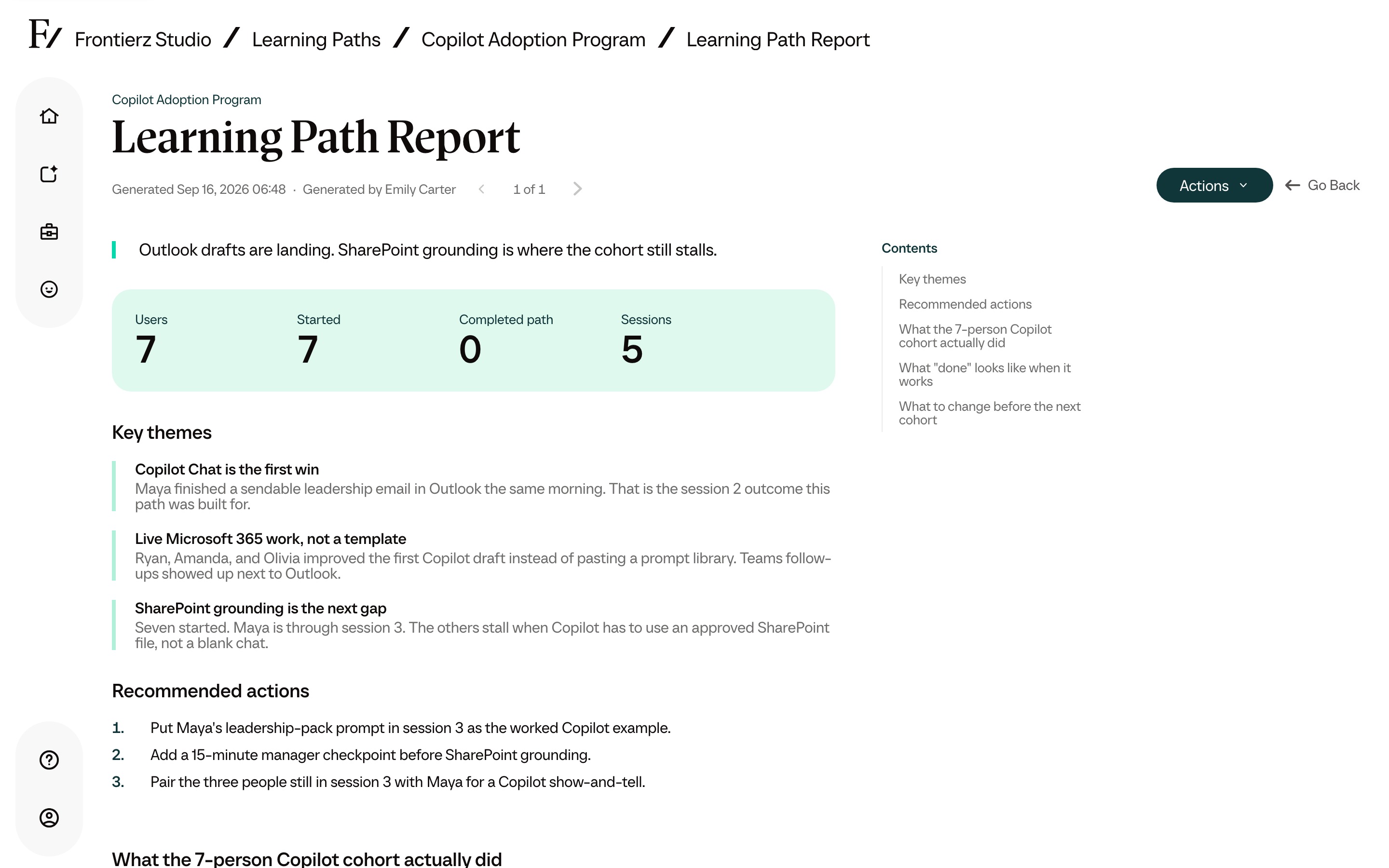 Copilot Adoption cohort report on Outlook drafts, live Microsoft 365 work and SharePoint grounding, with a print or save as PDF option