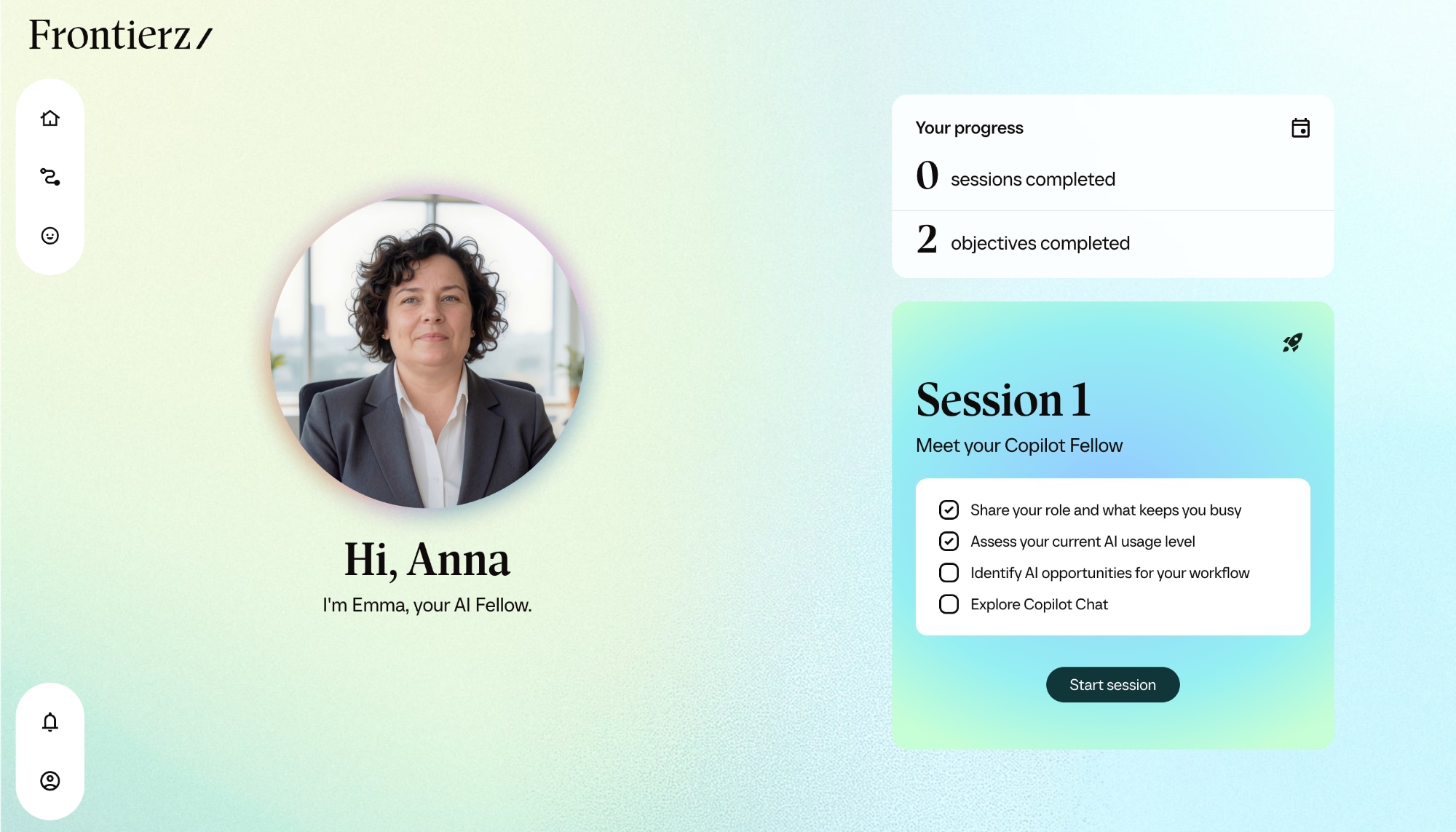 Learner start page with Anna greeted by her AI Fellow Emma and Session 1 queued