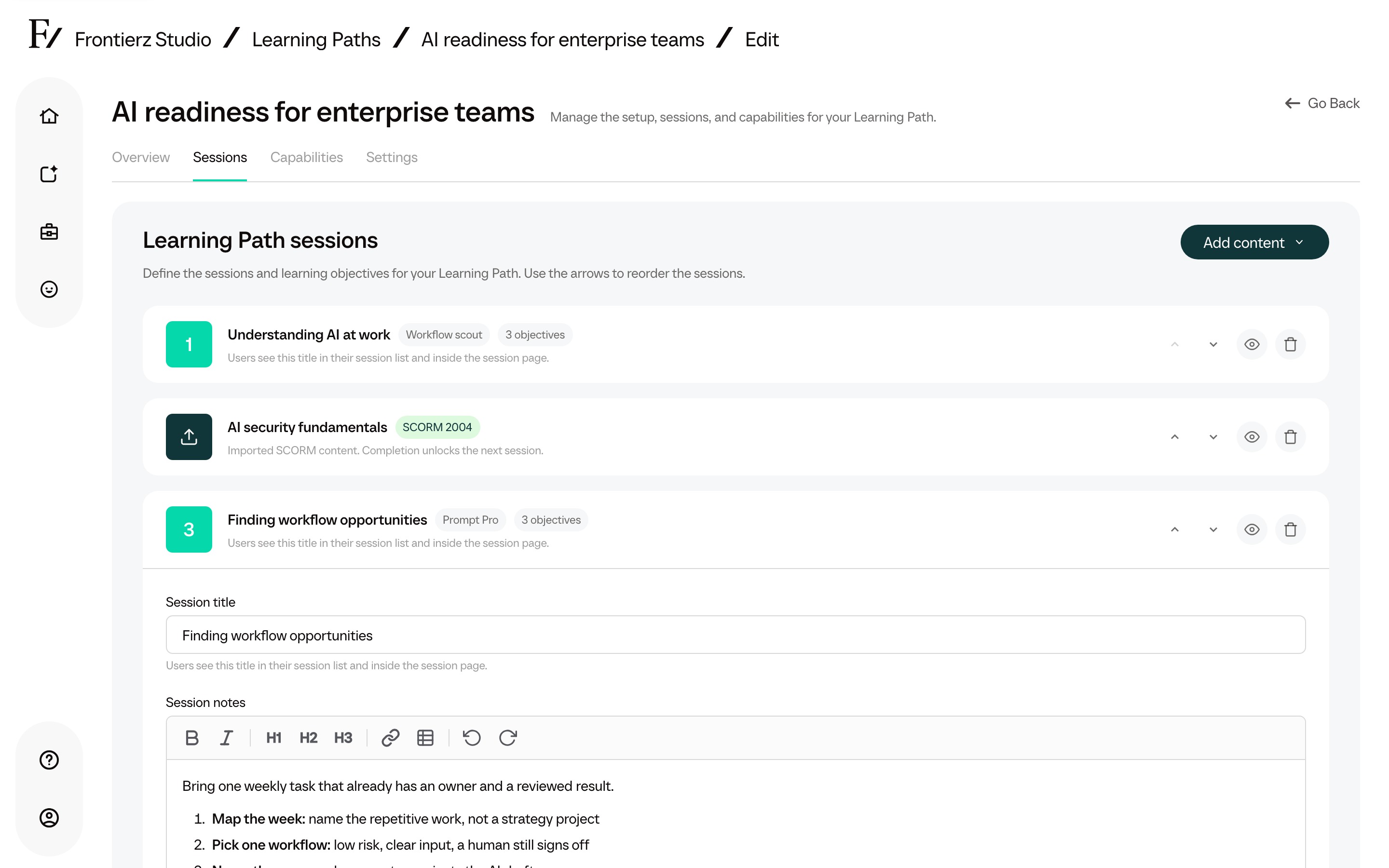 Learning Path builder in Studio, with ordered sessions and workplace objectives.