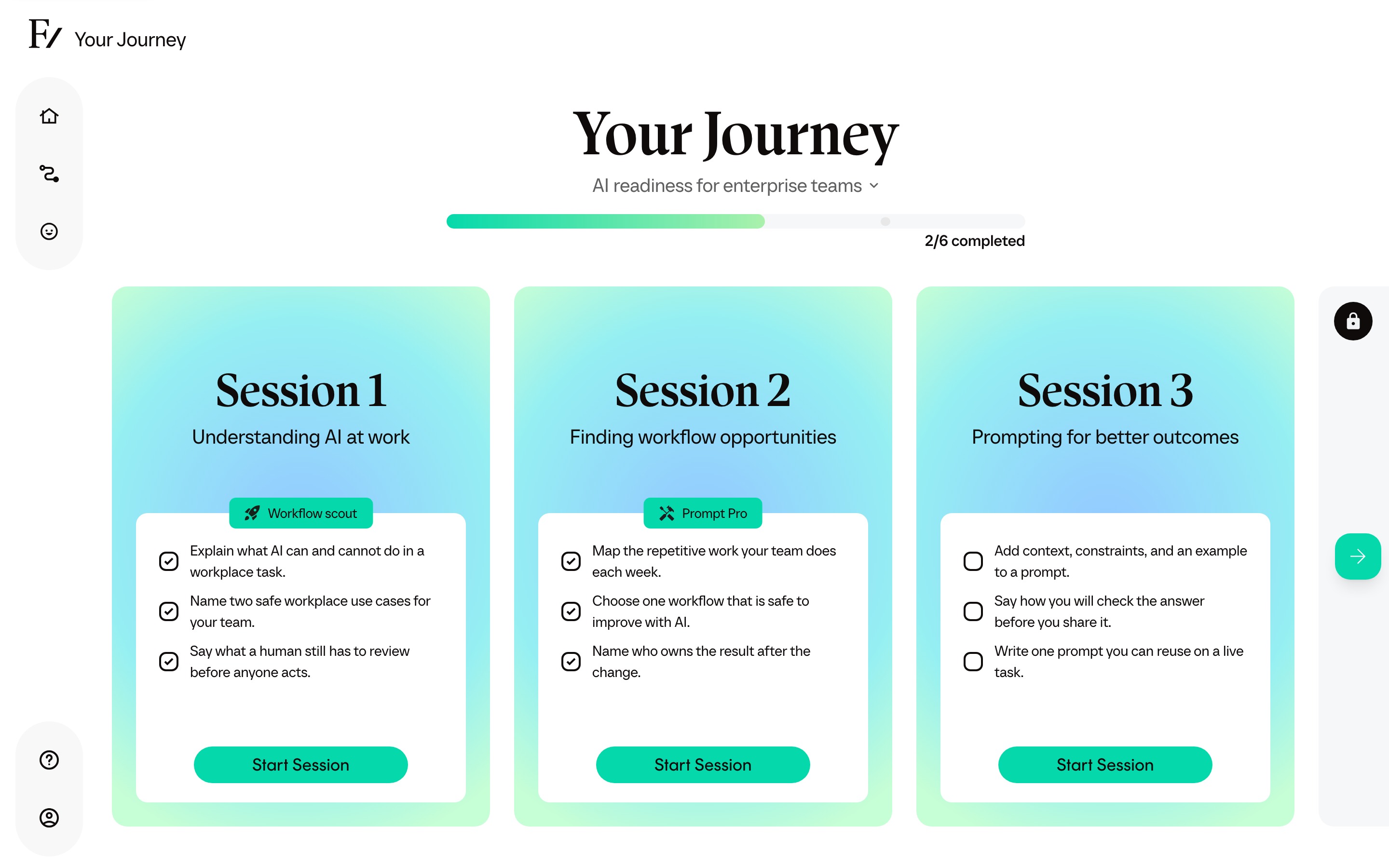 Your Journey for a Learning Path. Completed sessions are open; later sessions stay locked.