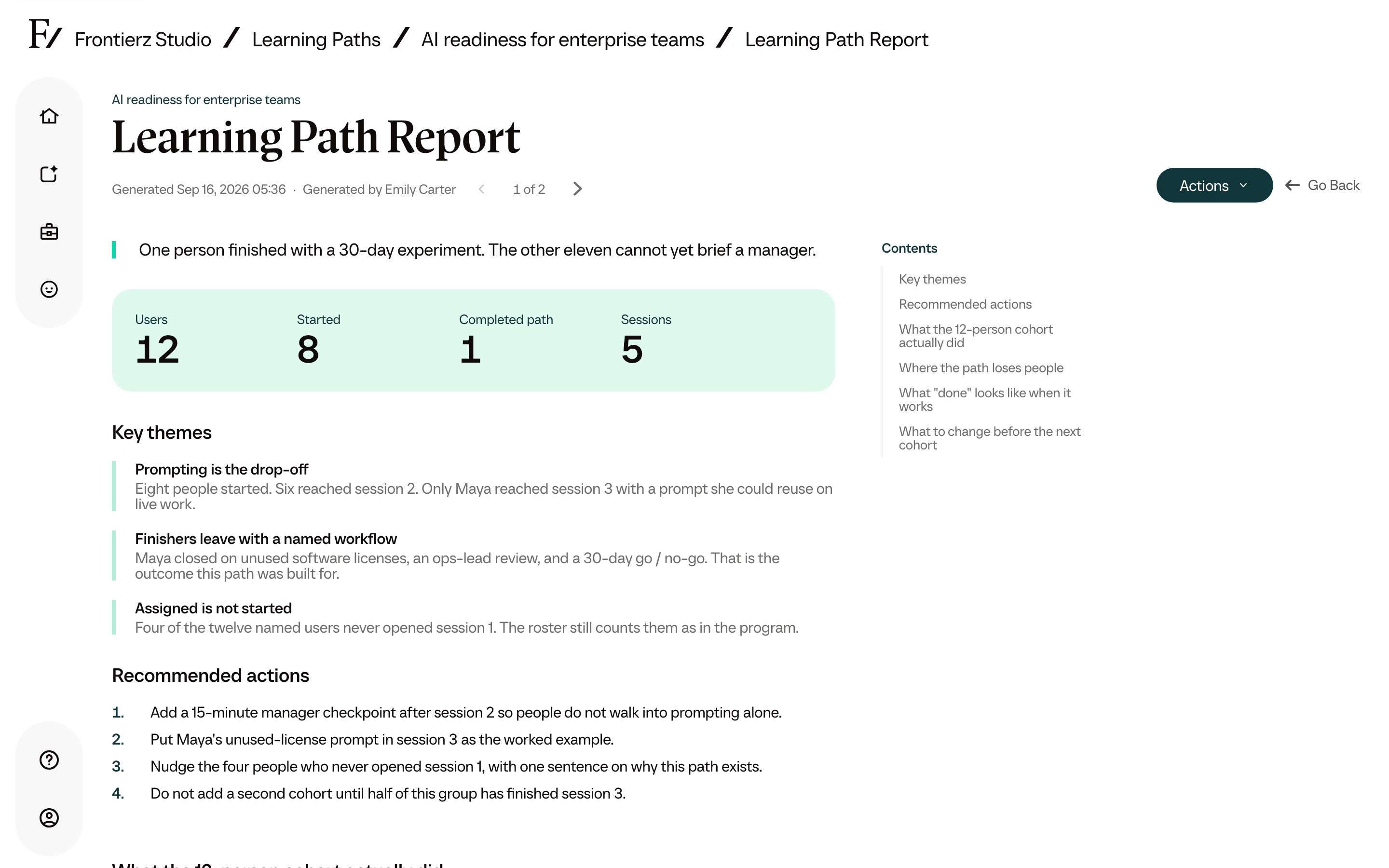 Personalized Learning Path report with themes, recommended actions and an executive summary.