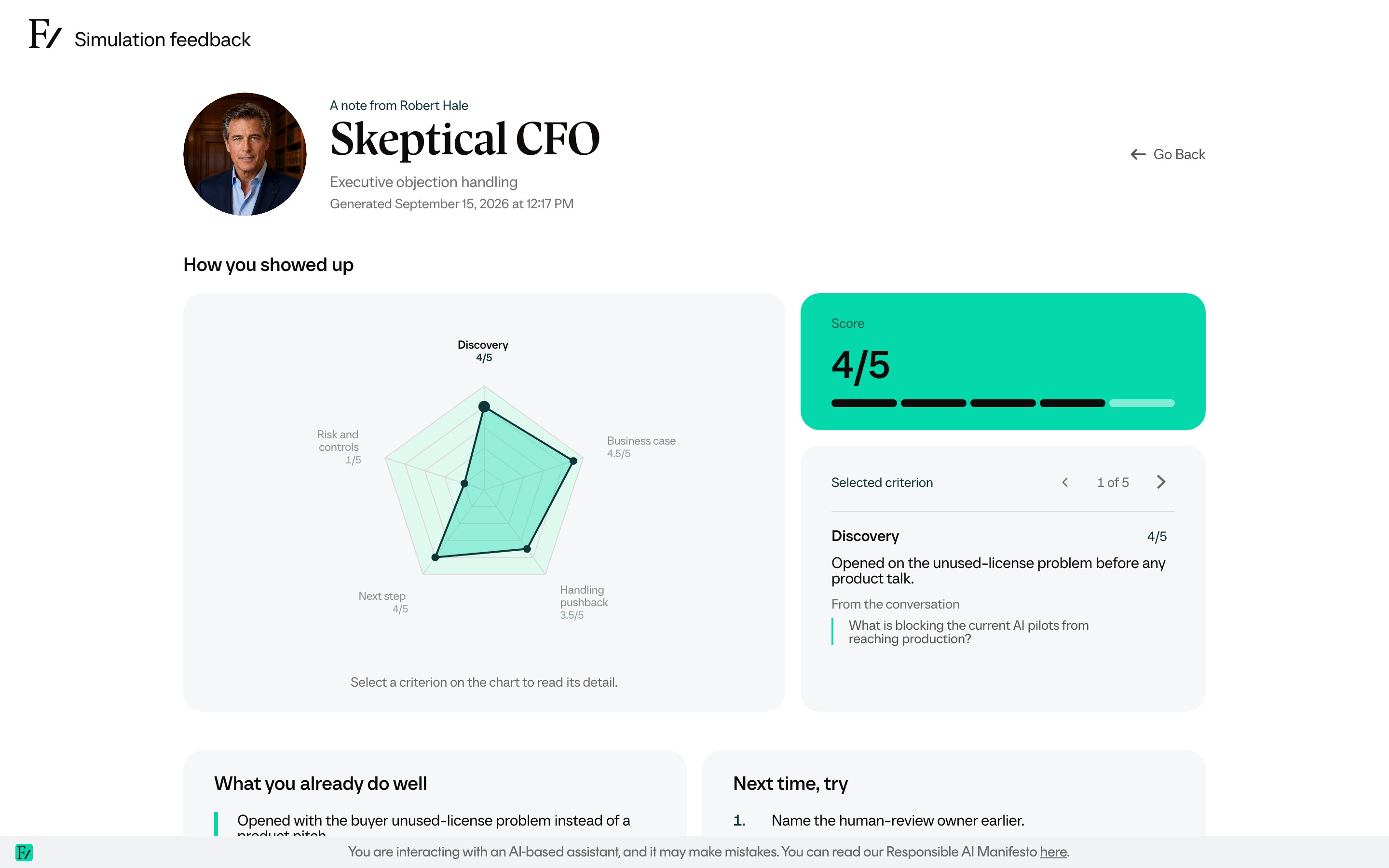 Scored practice report for an AI Simulation, with a radar chart, evidence and a next practice.