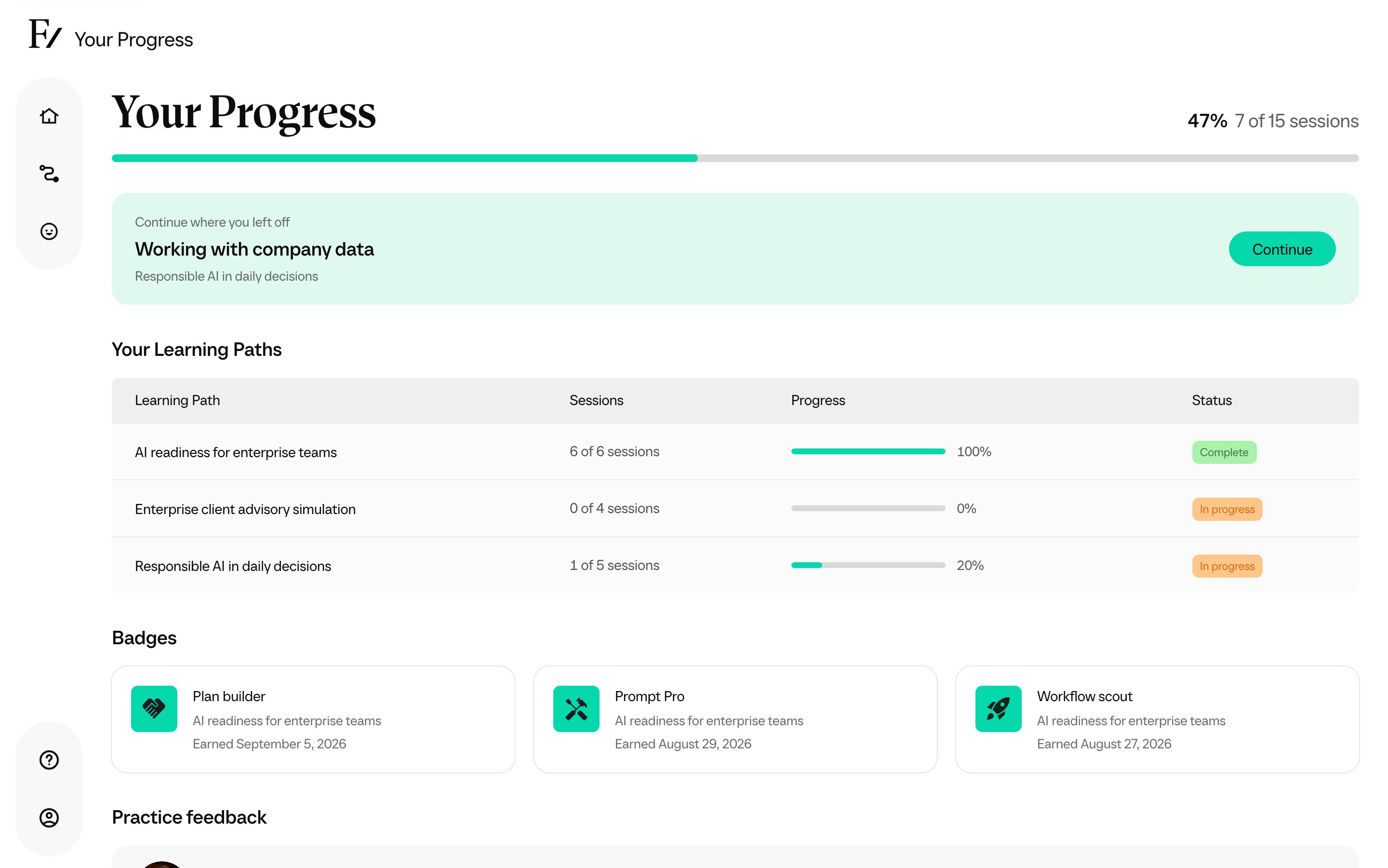 Your Progress showing a completed Learning Path, badges, a saved practice report and a certificate.