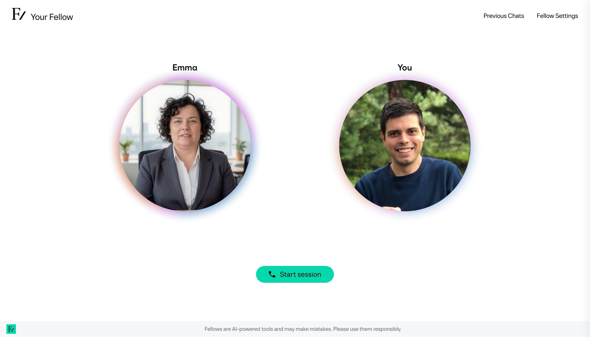 Live session view with a learner and AI Fellow Emma in a side-by-side voice call