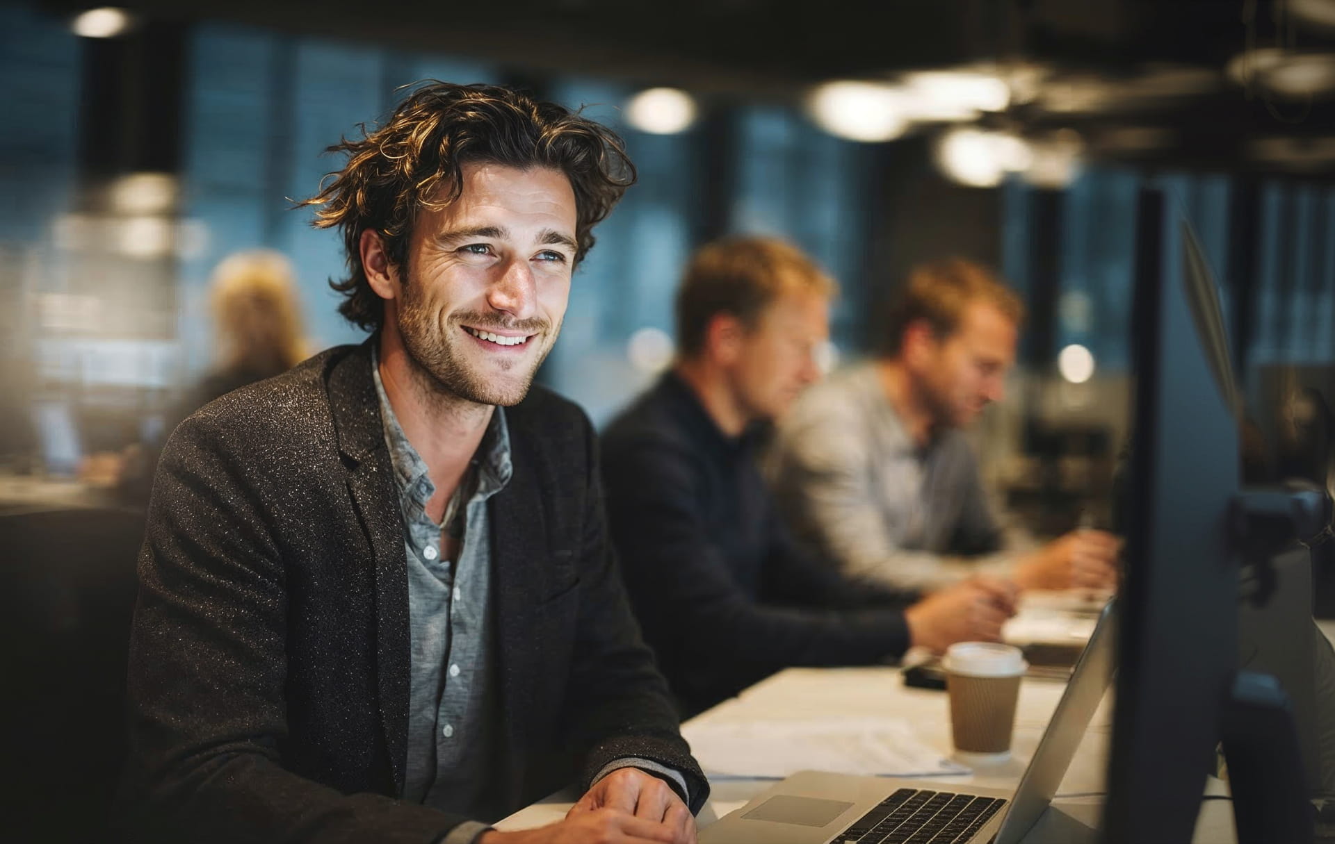 A professional smiling at a laptop in an open office